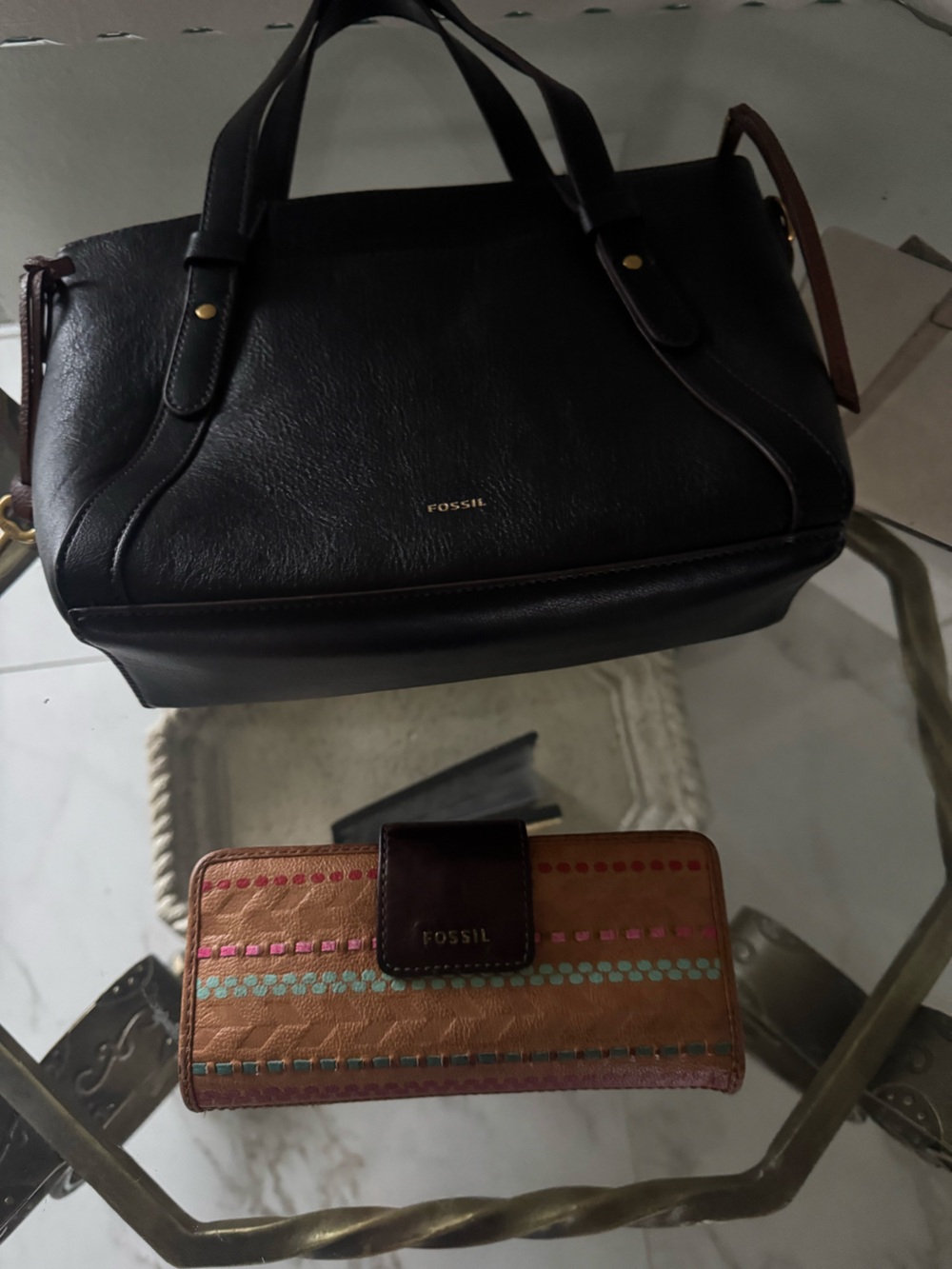 FOSSIL brown and tan leather wallet with colorful stripes